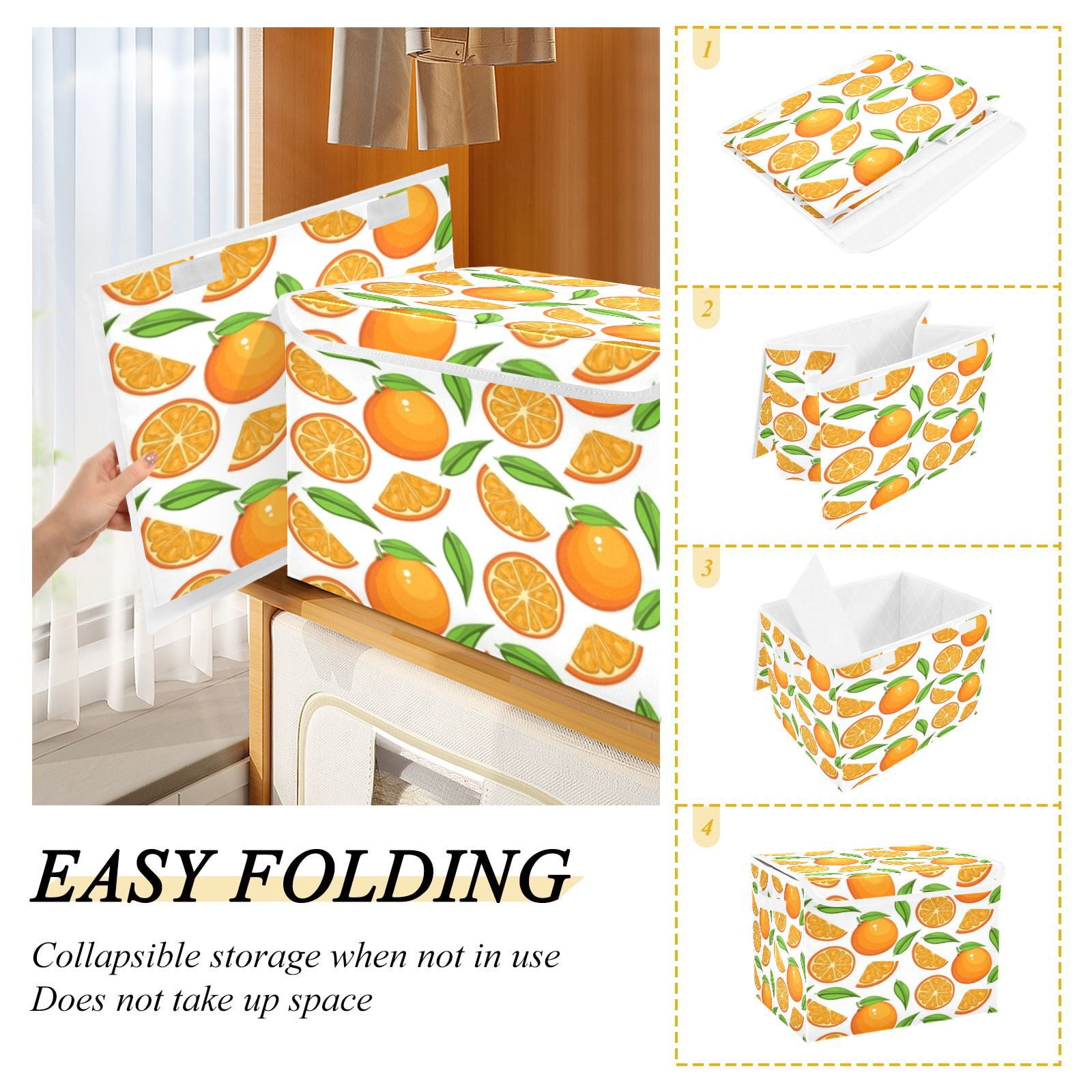 Orange slices leaves pattern background Storage Bins, Foldable Cloth Basket, Cube Organizer with 2 Handles, Suitable for bedrooms, living rooms, wardrobes, and workspaces, With cover