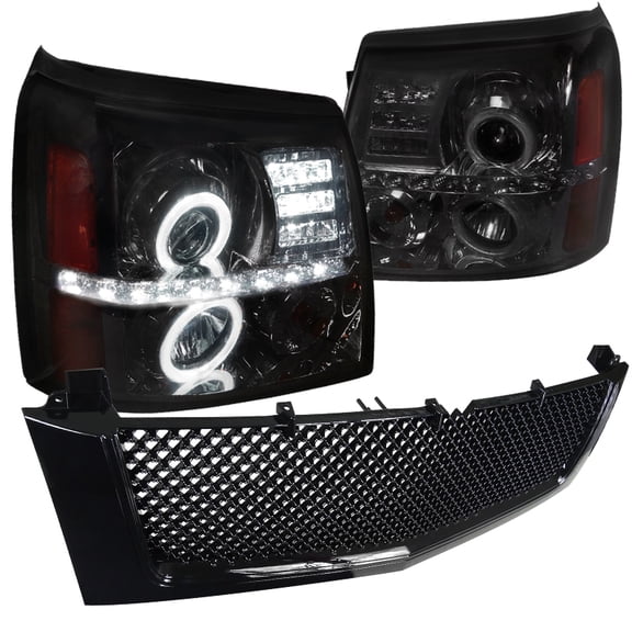 Spec-D Tuning LED Halo Smoke Headlights   Glossy Black Mesh Hood Grill Abs Grille Compatible with 2002-2006 Escalade Left   Right Pair Headlamps Assembly