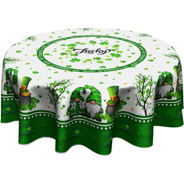 St. Patrick''s Day Gnomes Tablecloth Round 60 Inch Lucky Shamrock Washable Table Cloth for Holiday Parties Dining Table Kitchen Decor