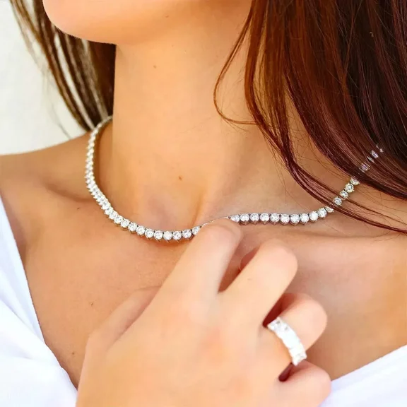 925 Sterling Silver 3MM 20CT Round Cut Simulated Diamond Engagement Women's Tennis Necklace 18" 14K White Gold Plated