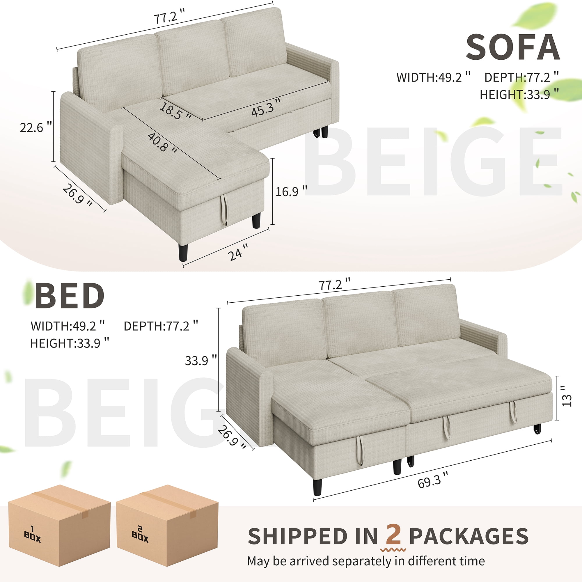 Walsunny Pull Out Sectional Sleeper Sofa Bed L Shape Couches with Reversible Storage Chaise for Living Rooms Small Rooms Apartment,White