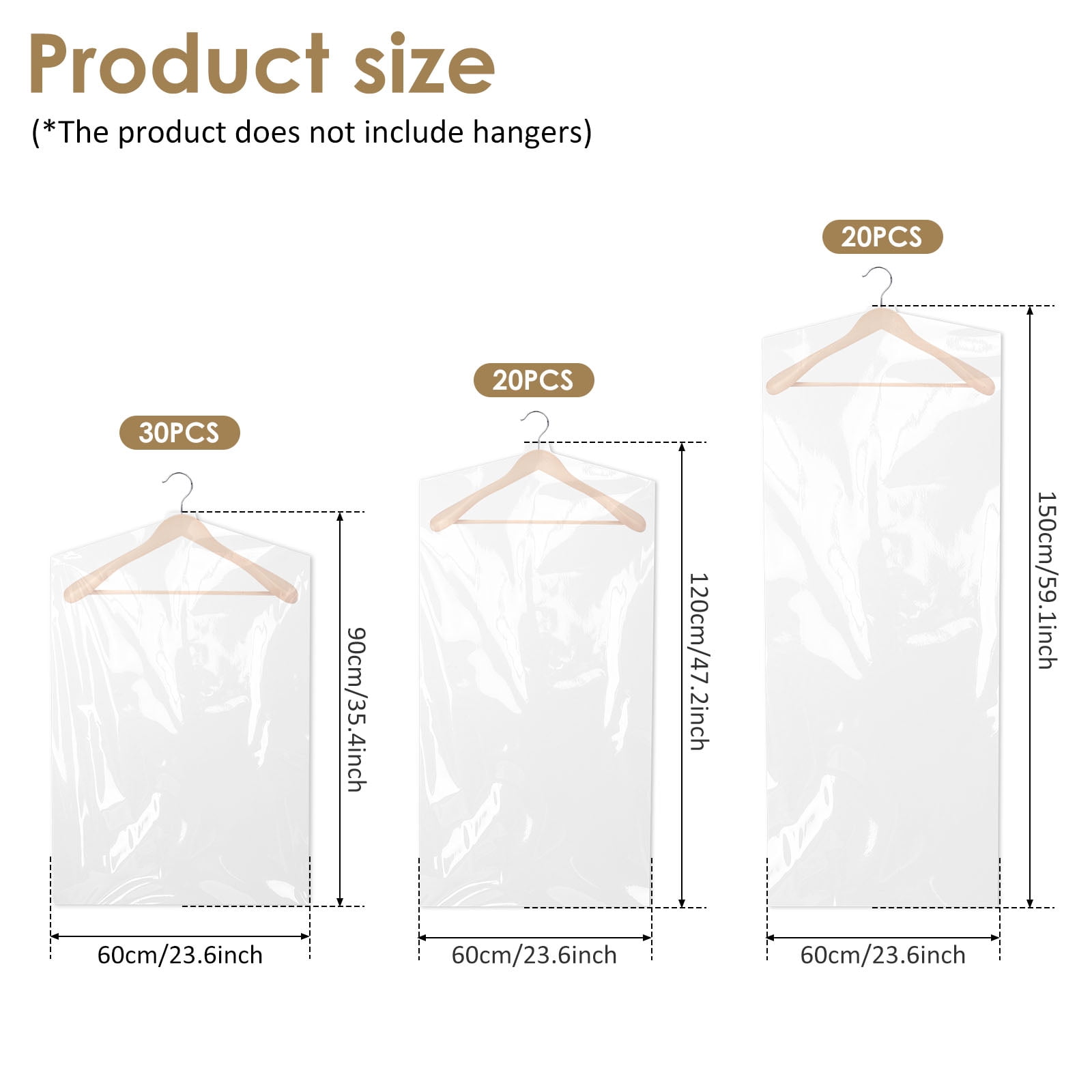 70Pcs Dry Cleaner Bag Reusable Clothes Dust Cover Waterproof Garment Dustproof Bag 3 Size Transparent Clothing Protector Cover Clear Coat Dry Cleaning Bag for Jacket Coat Suit