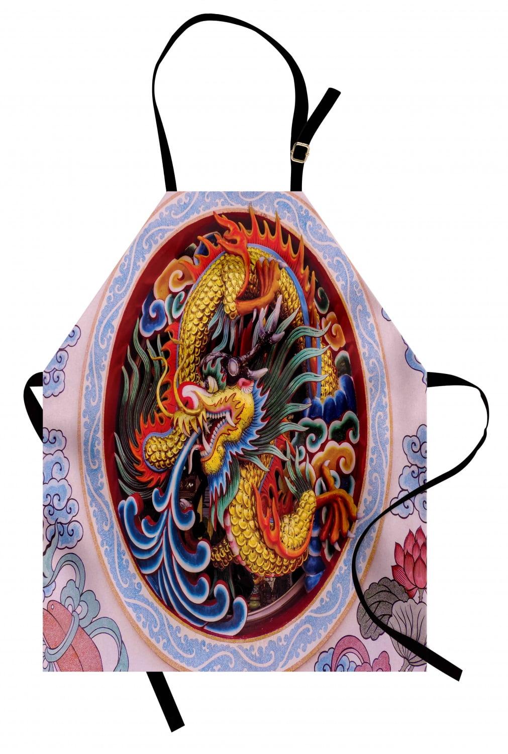 Dragon Apron Chinese Dragon with Horns Mane and Claws Flower Ornament Mythical Creature Monster