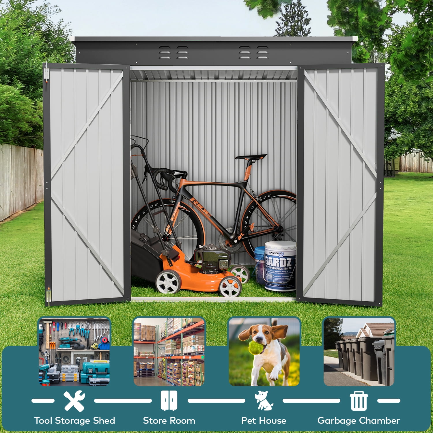 6x4 FT.  Storage Shed with Double Doors for Outdoor Garden & Backyard, Dark Gray