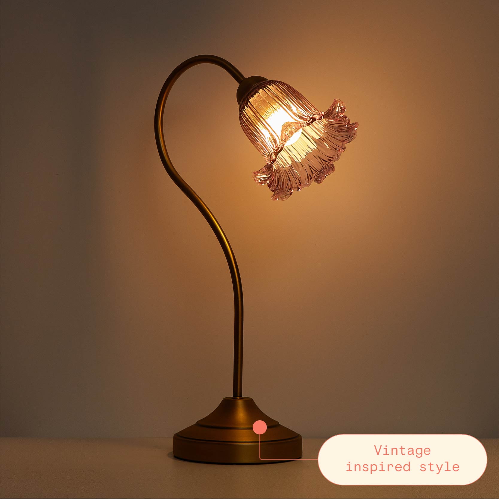 Beautiful Vintage-Style Rose Pink Flower Glass Desk Lamp by Drew Barrymore, 20" H