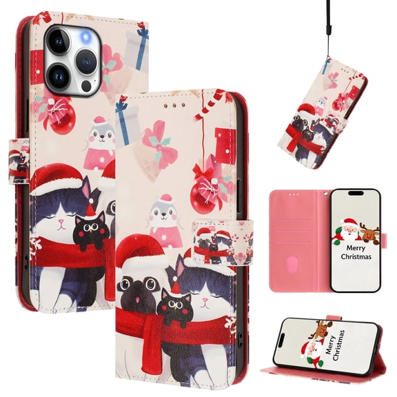 Phone Case for iPhone 12 Pro / 12, Luxury Christmas Pattern Card Slots Cash Pocket Magnetic Clasp Full Body Protection Shockproof Kickstand Wallet Flip Case with Wrist Strap for iPhone 12 Pro / 12, E