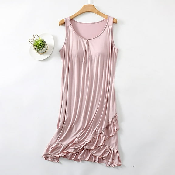 PNTUTB Women's Summer Solid Color Sleeveless Round Neck Loose Relaxed Home Nightgown with Built-in Pads
