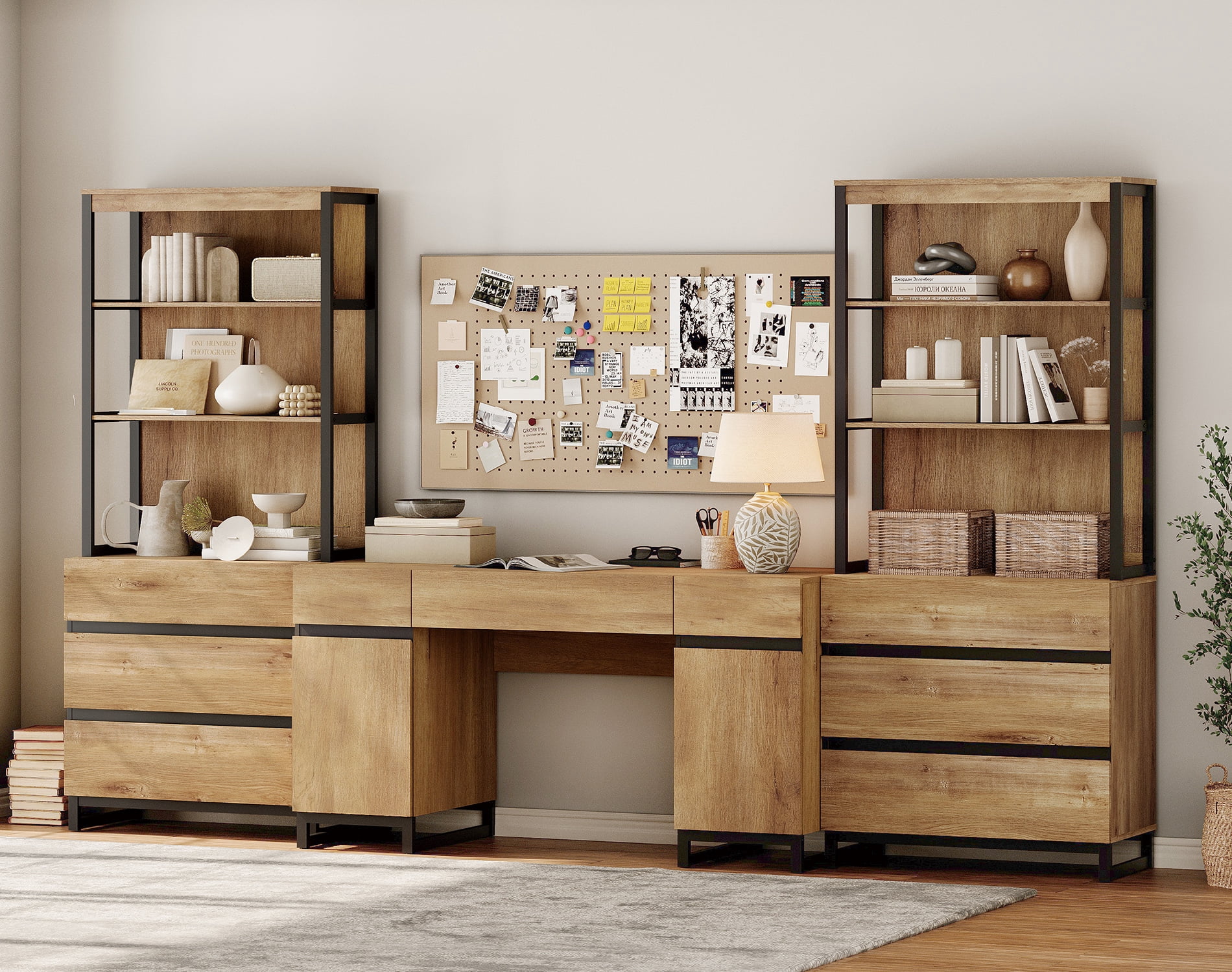 WAMPAT Home Office Furniture Set: 59" Executive Desk with Charging Station and Storage Cabinet, 72" Tall Bookcase with 6 Drawers, Modern Computer Desk and Library Shelf for Work Study, Oak