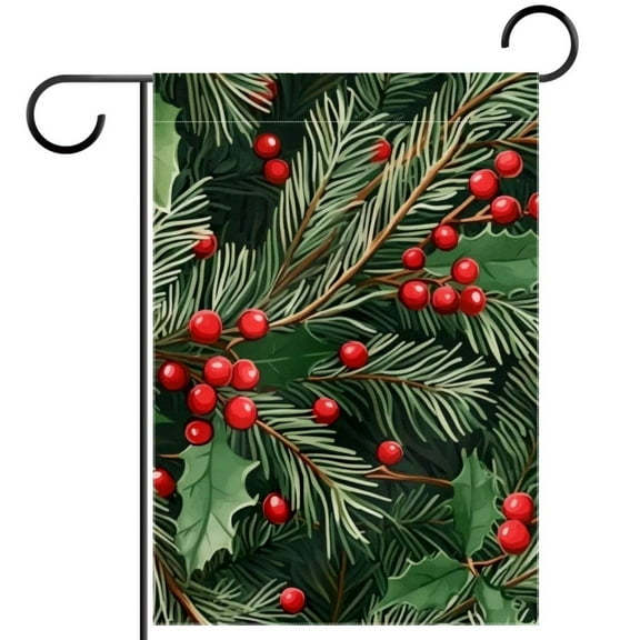 Christmas Fir Branches and Holly Berry Seamless Pattern Garden Flag Double Sided House Flag for Outdoor Home, Personalized All Year Round Yard Decor 12 x 18 Inch