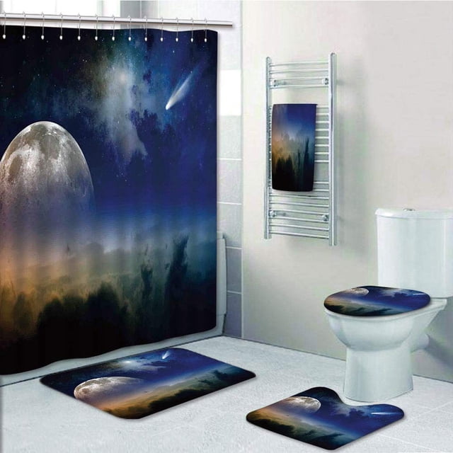 EREHome Outer Space Vibrant Clouds Full Moon Rise Comet in Dark Sky Celestial Horizon Twi 5 Piece Bathroom Set Shower Curtain Bath Towel Bath Rug Contour Mat and Toilet Lid Cover