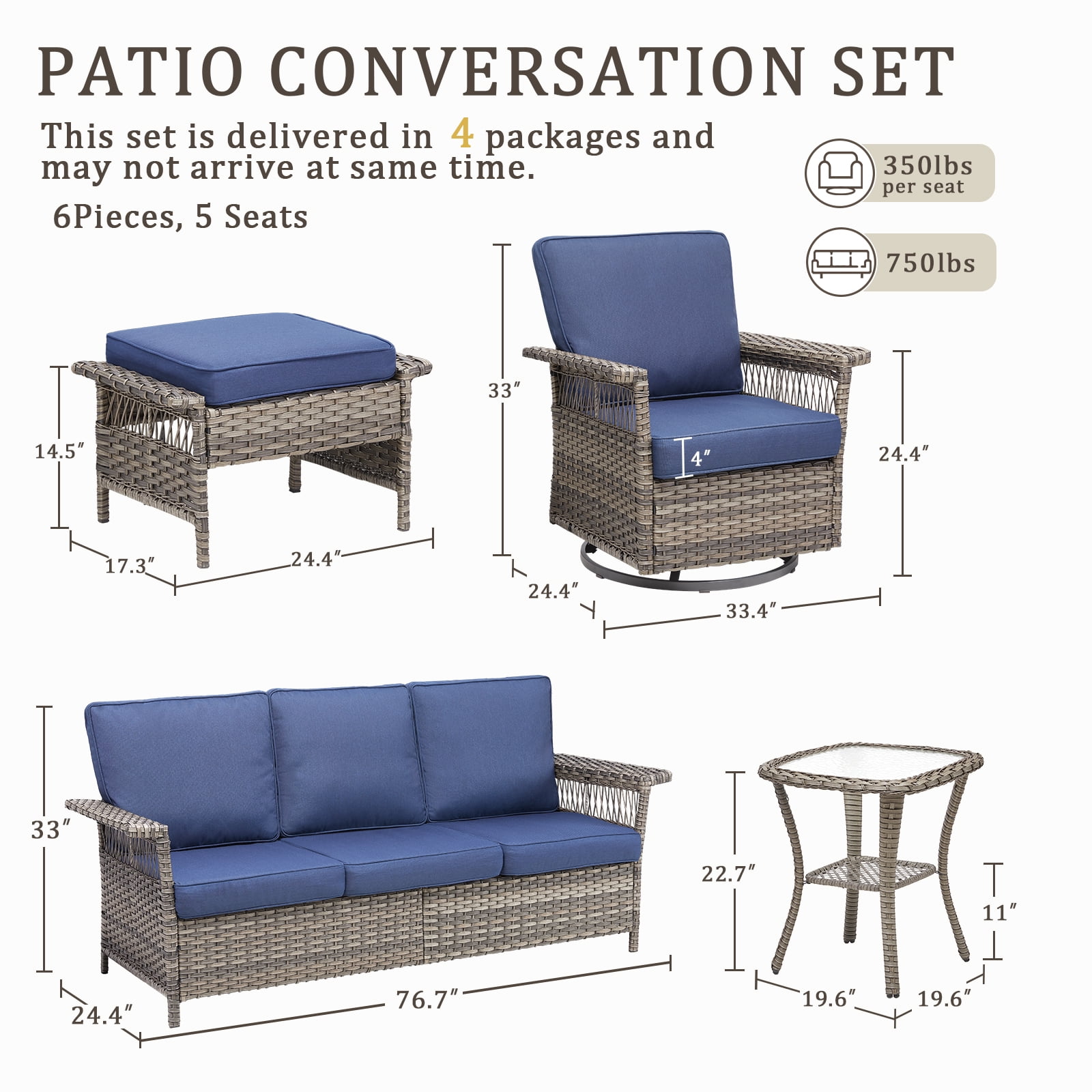 Lumiinofami 6 Piece Patio Sectional Set, Outdoor Conversation Furniture Set with Rocking Swivel Chairs and Side Table, All-Weather Wicker Padded Sofa Sets for Deck Poolside Backyard, Blue Cushions