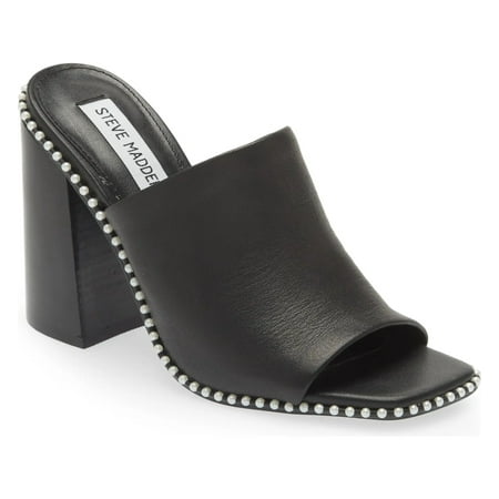 Steve Madden Decoded Black Leather Pearl Open Toe Block Heel Mule Slip On Sandal (5.5, BLACK LEATHER)
