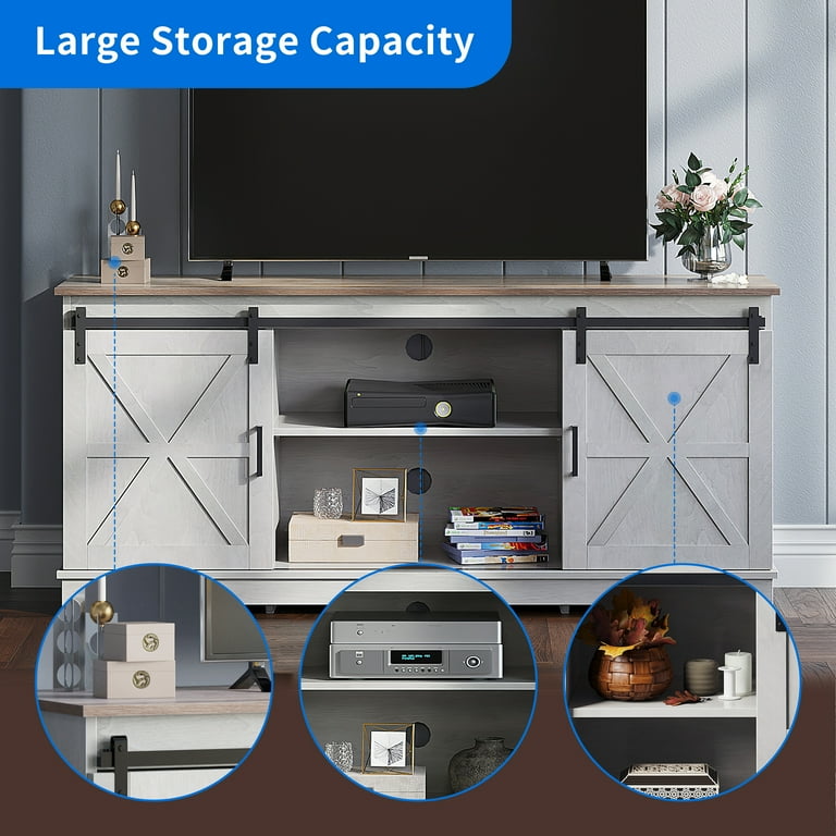 Dextrus Farmhouse TV Stand for 65 inch TV Entertainment Center for 300lbs with Double Barn Doors TV Media Console Grey Wash