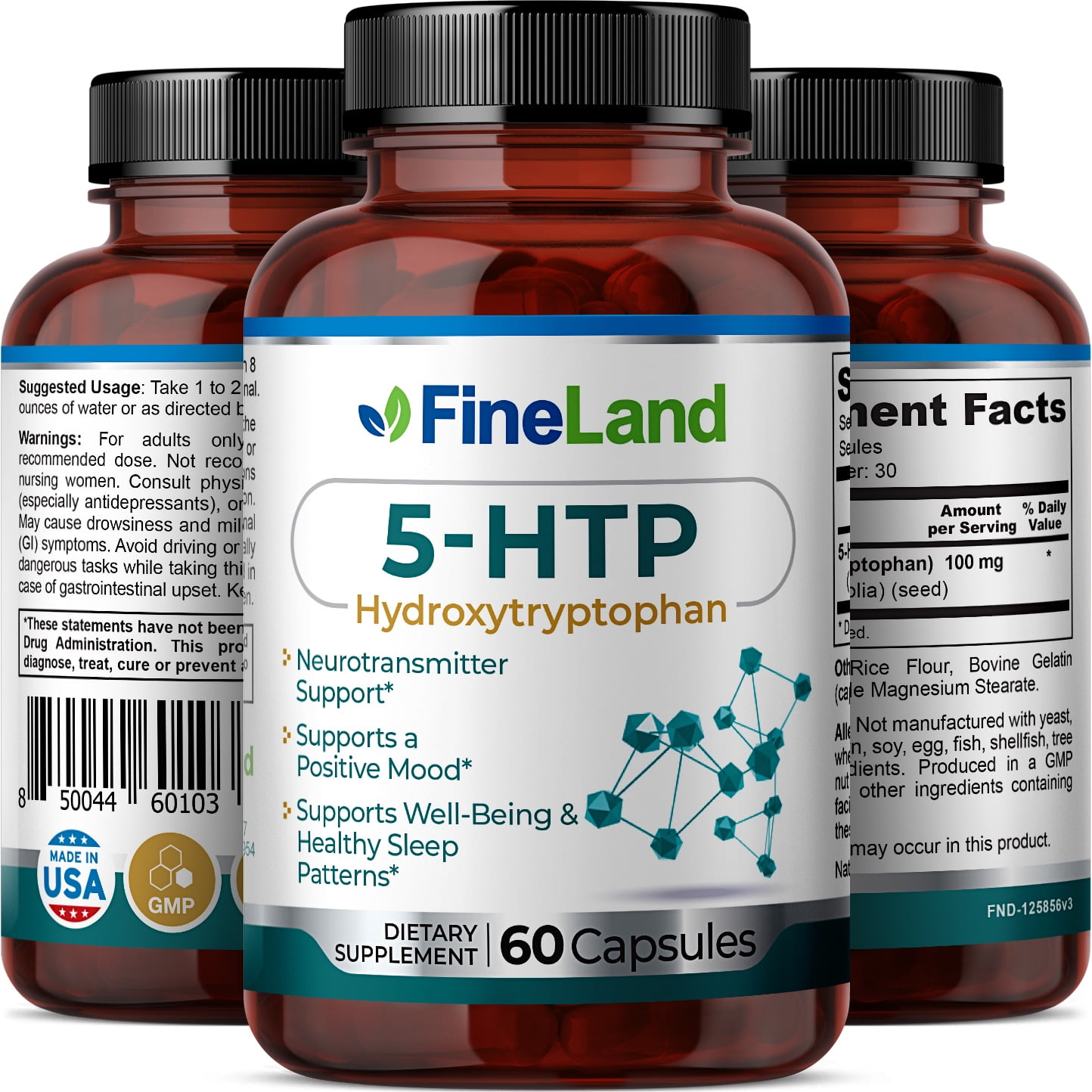 Fineland Vitamins 5-HTP Stress and Anxiety Support Vegan Capsules 60 Count