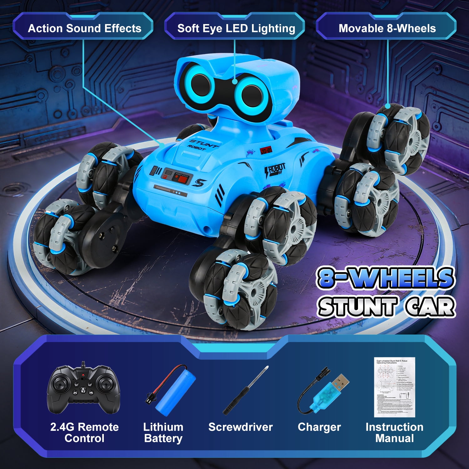 HopeRock RC Stunt Car Robot Toy for Boys Ages 2-6, 8-Wheel with LED Eye Lights, Music, Dance, All-Terrain & 360° Spins, Remote Control Robot Christmas Birthday Gift for Boys 3-12 Years Old.