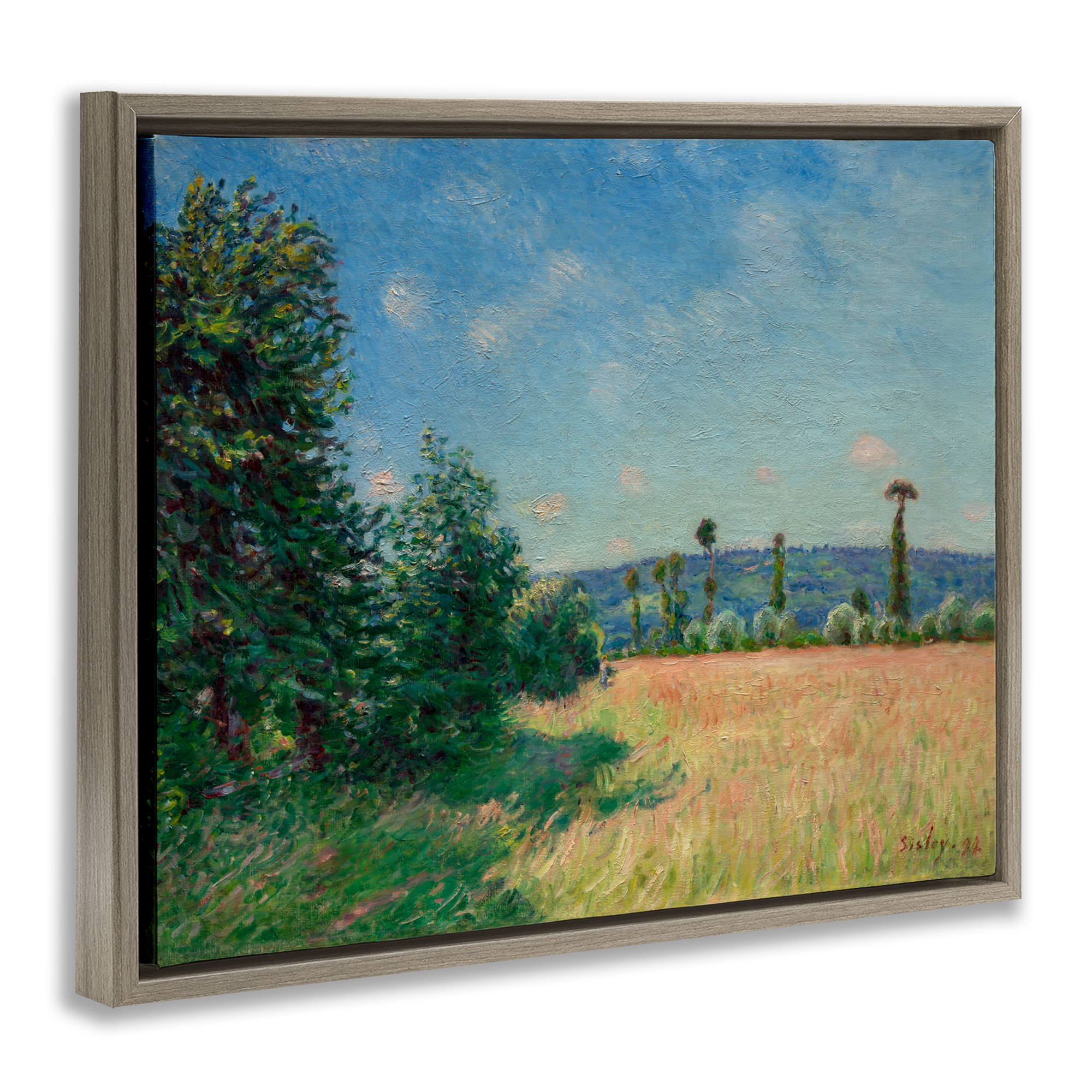 Sahurs Meadows in Morning Sun Brown Framed Floater Canvas Wall Art, design by Alfred Sisley