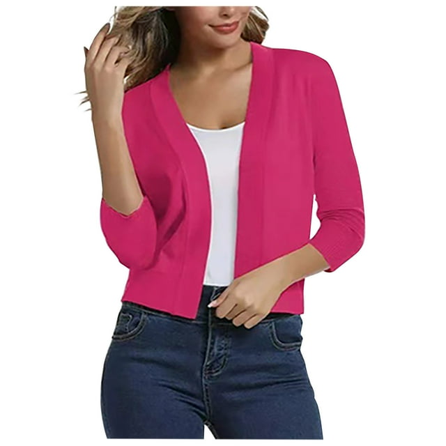 Penkiiy Cardigan Court à Manches 3/4 pour Femmes Élégant Rose Vif