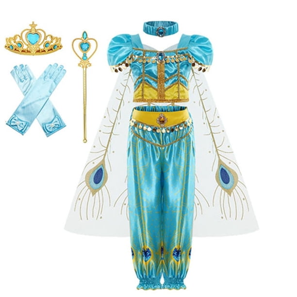 Vestido de jazmín para niñas, disfraz de princesa Aladino, disfraz de fiesta de cumpleaños para niños, Top + pantalón + diadema, conjunto de Vestidos, ropa 9-10T (etiqueta 150) Gao Jinjia LED