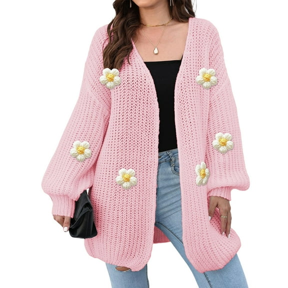 Female Sweaters Floral V-Neck Long Sleeve Sweater Open Front Knit Buttonless Trendy Sweater Outerwear Pink One size