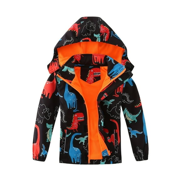 Fdqin Boys Zip Up Hoodie Dinosaur Print Kids Rain Jackets Casual Fall Waterproof Coats with Pocket Black 9-10 Years