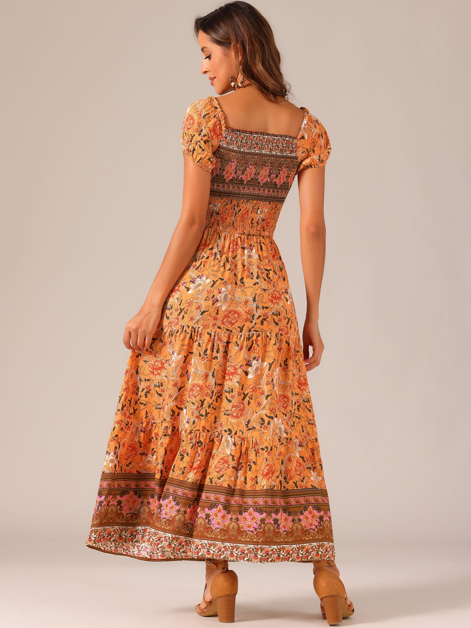 DARING DIVA Women's Boho Floral Square Neck Smocked Back Midi Dresses XS Orange