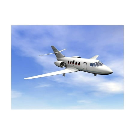 Private Jet Plane Flying In Cloudy Blue Sky Print Wall Art