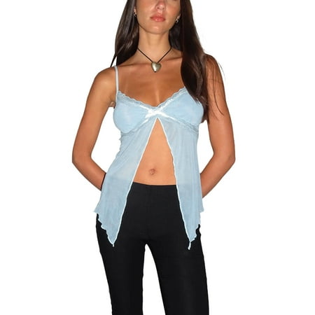 

allshope Women s Summer Casual Sling Vest Blue Sleeveless Backless Lace Trim Split Camisole