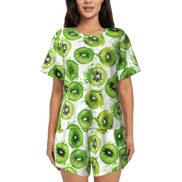 Fotbe Green Kiwi Conjunto de Pijama Estampado para Mujer, 2 Piezas, Ropa de Dormir con Camiseta de Manga Corta y Shorts Suaves-Large