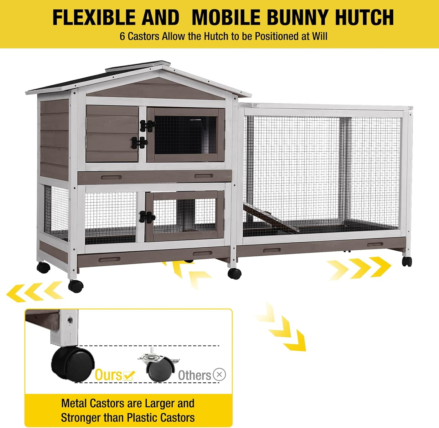 Aivituvin Rabbit Hutch Wooden Bunny Cage Indoor Outdoor Guinea Pig Cage on Wheels Large