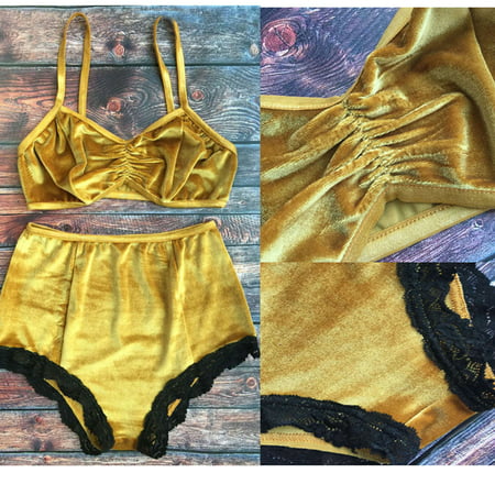 Lady's Deep V Vintage Push Up Bra Underwear Sets Vintage suede swimwear suits Yellow Size