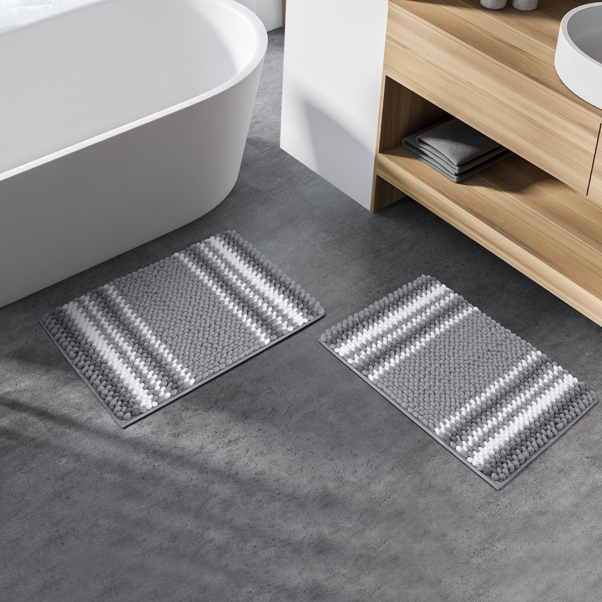 REGALWOVEN Chenille Bathroom Rug Set of 2 Extra Soft Fluffy, Striped Bath Mat Shaggy Rugs Absorbent Dark Gray 17"x24"