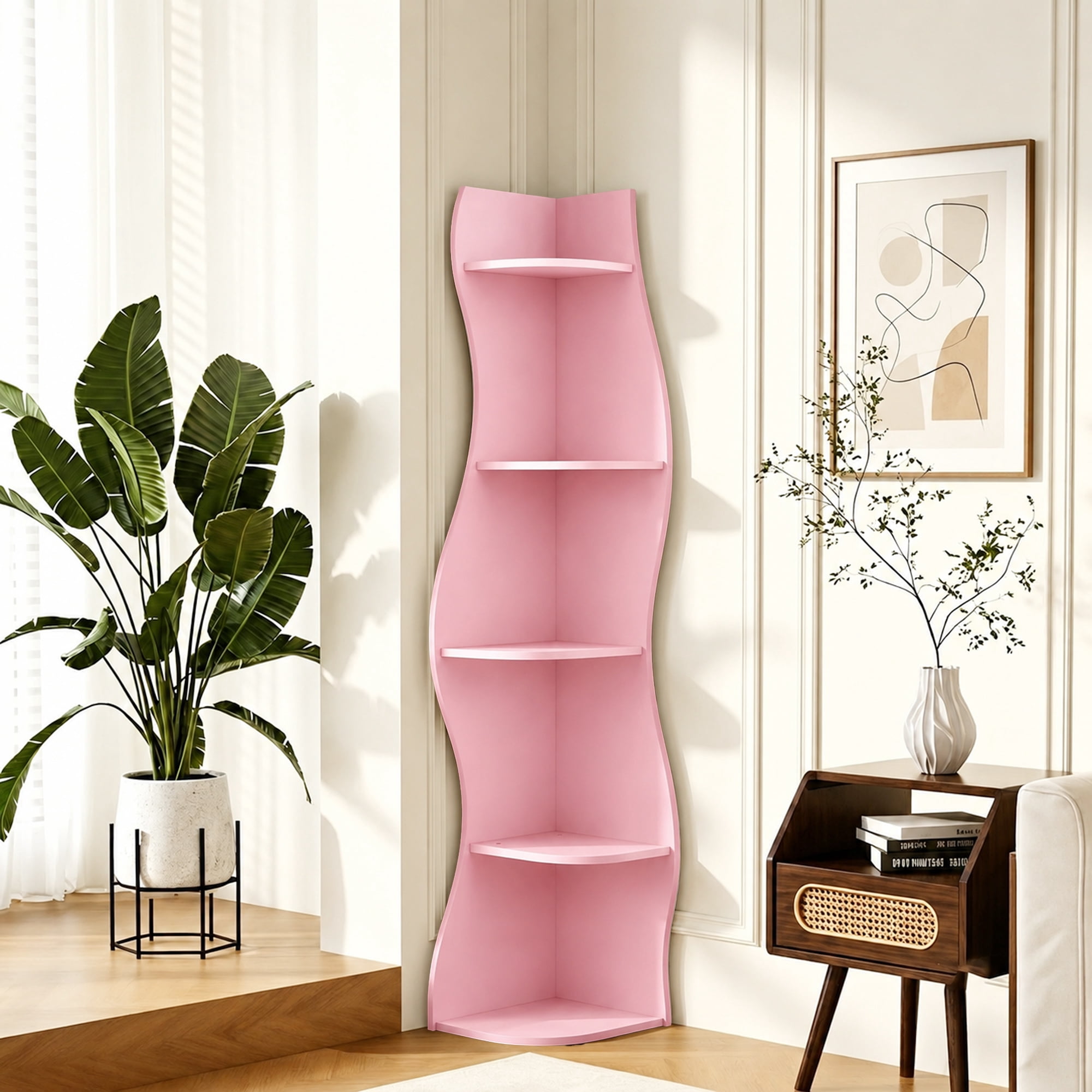 Leumius 5-Tier Bookshelf,Freestanding S-Shaped Corner Shelf Curved Display Rack,Space-Saving Corner Display Bookshelf/Plant Stand for Living Room Home Office,Pink