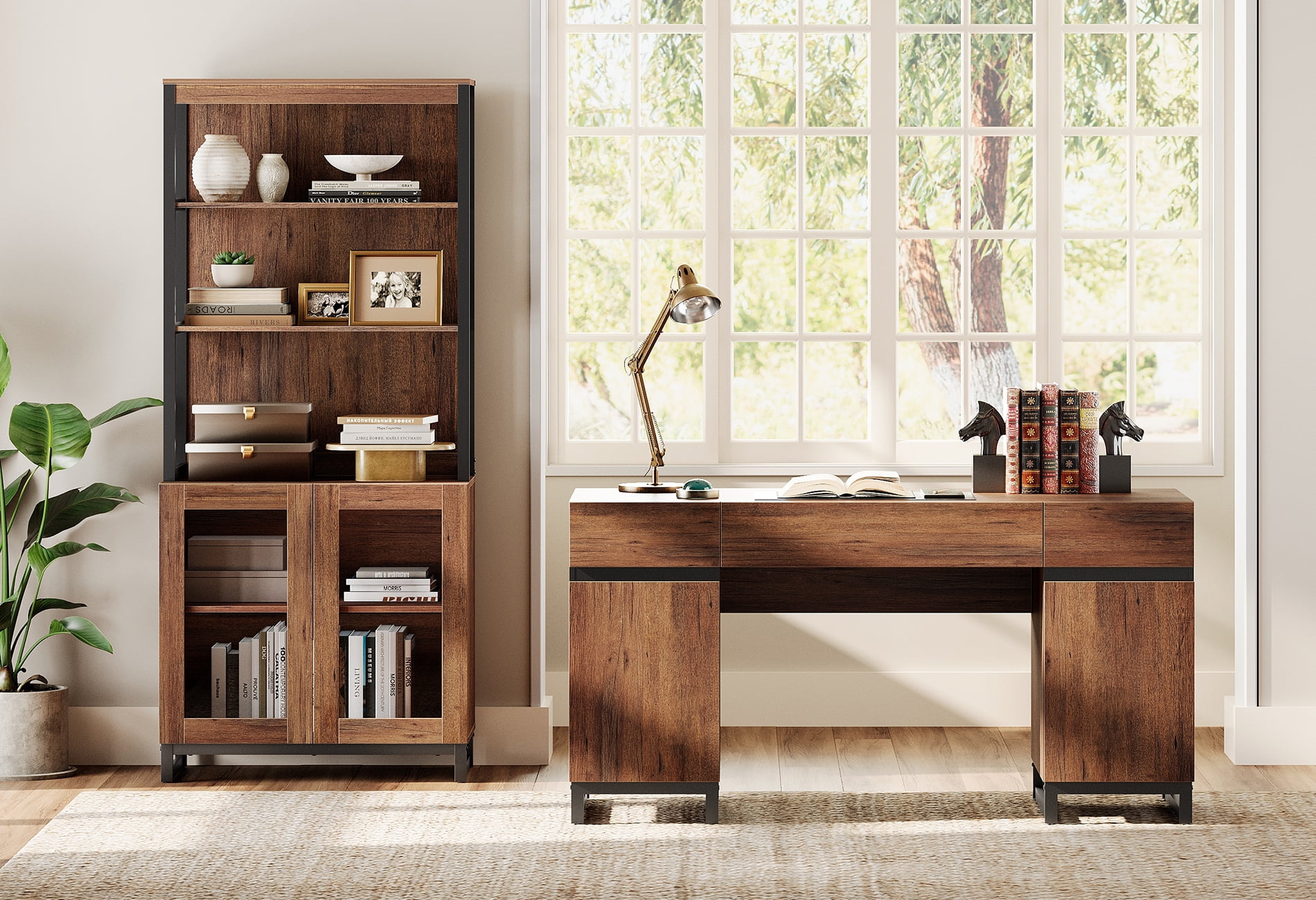 WAMPAT Home Office Furniture Set: 59" Executive Desk with Charging Station and Storage Cabinet, 72" Tall Bookcase, Modern Computer Desk and Library Shelf for Work Study, Brown