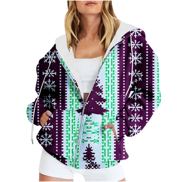 Puntoco Chaqueta Con Capucha Y Manga Larga Con Cremallera Y Estampado Navideño Informal Para Mujer
