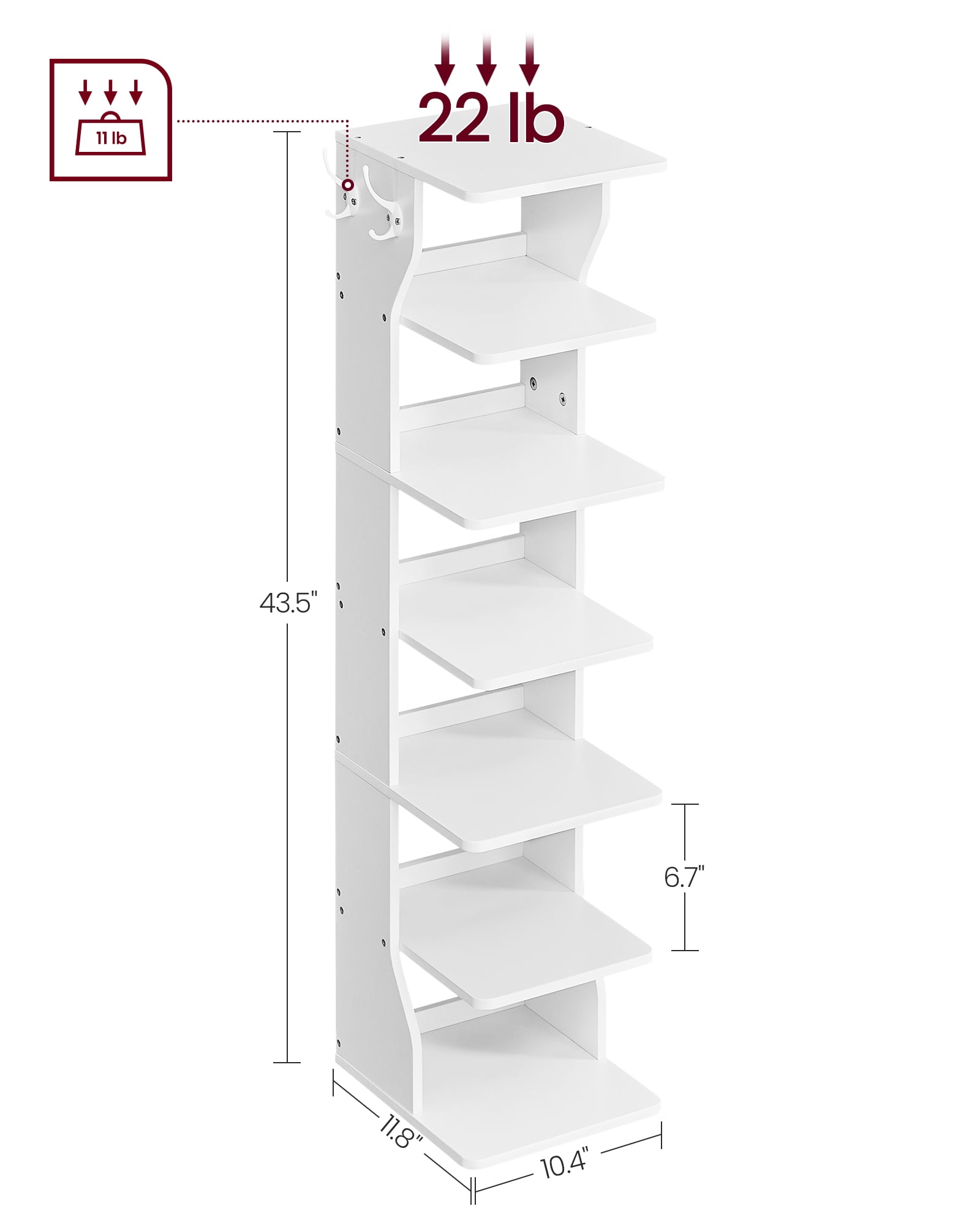 7-Tier Vertical Shoe Rack, 43.5" Tall Narrow Shoe Organizer with 2 Hooks & Anti-Tip Kit, Space-Saving Corner Shelf for Entryway Bedroom, White