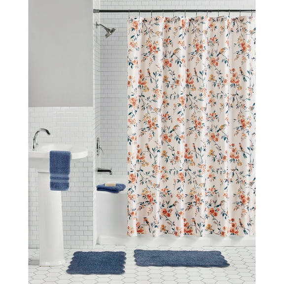 Mainstays 15-Piece White & Multi Floral Bathroom Set – Shower Curtain, Bath Rugs & Hooks with Bird & Vine Print