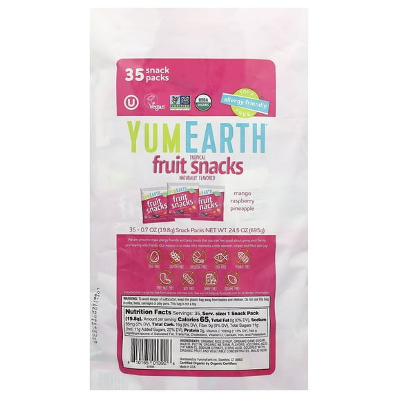 YumEarth, Organic Fruit Snacks, Tropical, 35 Snack Packs, 0.7 oz (19.8 g) Each Pack of 4