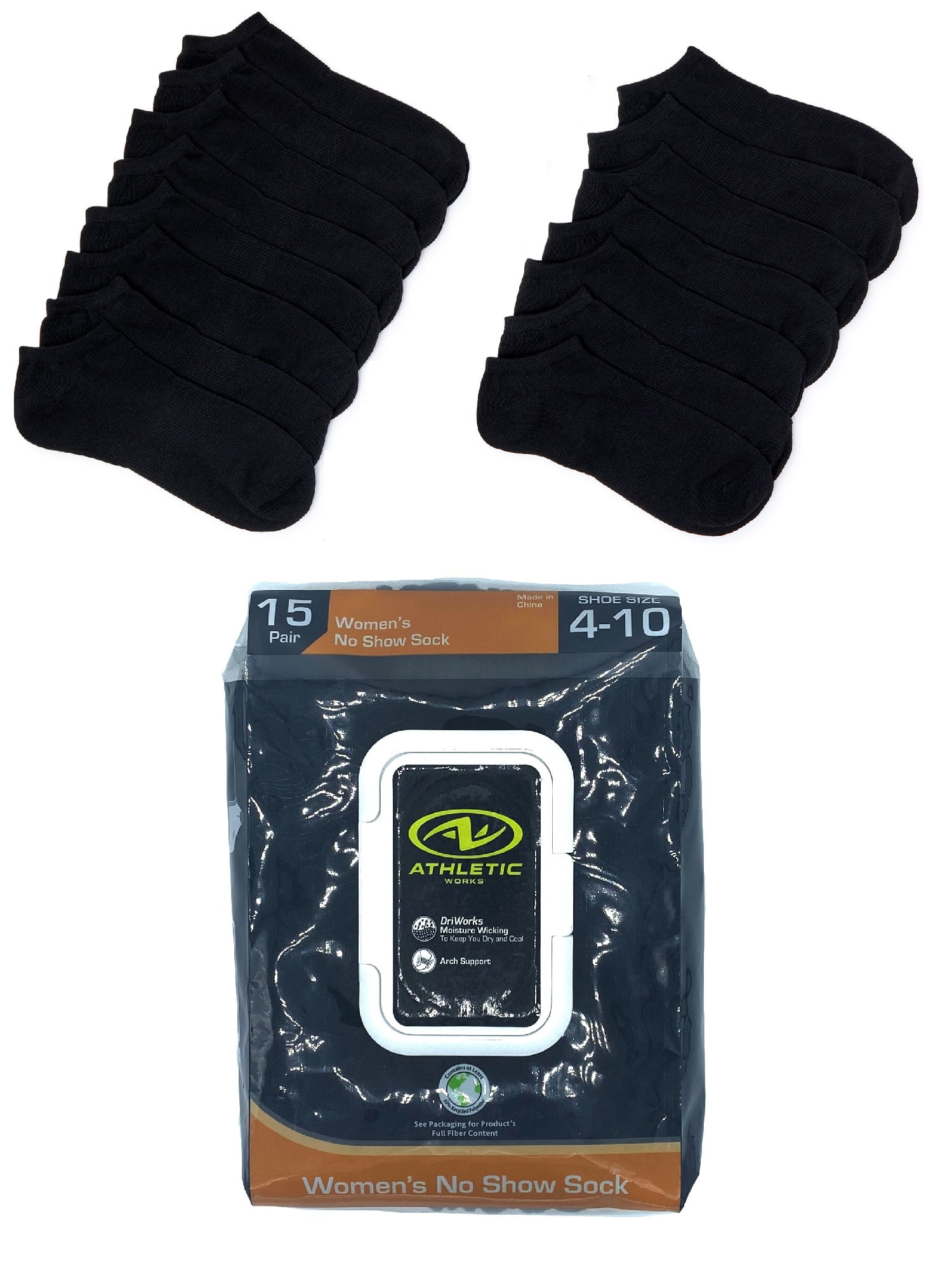 Athletic Works Women's No-Show Socks with Arch Support, 15-Pack