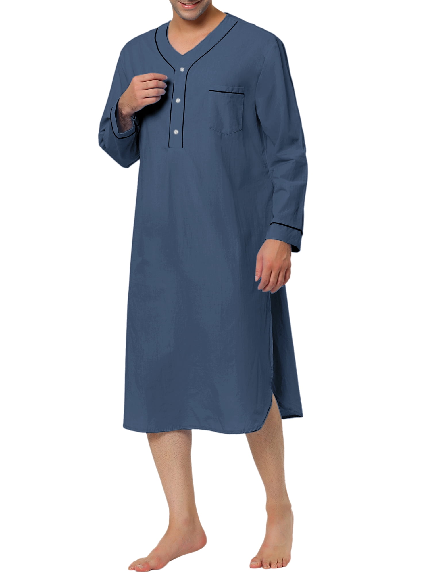Unique Bargains Men's Nightshirt Cotton Sleep Shirt Long Sleeve Nightgown Sleepwear L Navy Blue