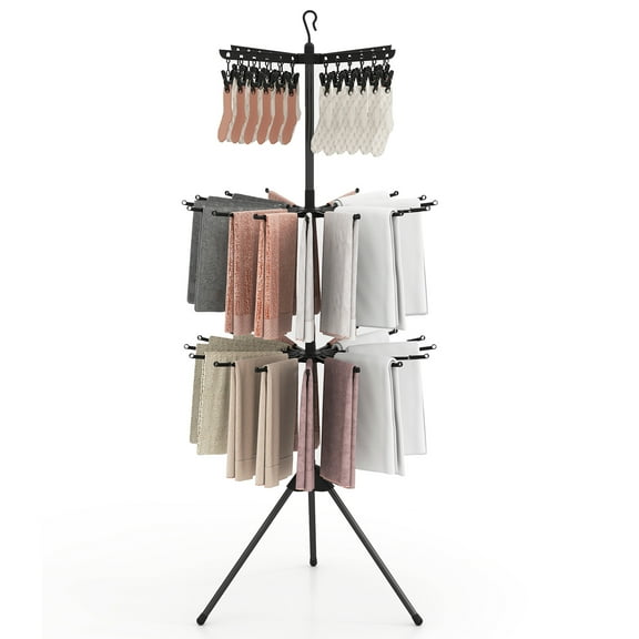 Topbuy 3-Tier Clothes Drying Rack Freestanding Towel Rack with 32 Rods 24 Clips Detachable Top Hanger