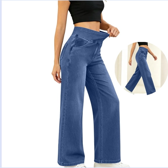 LWavelet Denim Pants Women Lightweight Wide Leg Jeans Summer Fall High Waisted Straight Leg Trousers with Pockets