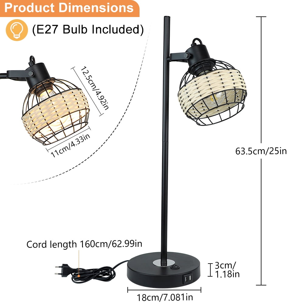 Depuley Wooden Black Table Lamp, 2 USB Ports Adjustable Head Desk Lamp with Rattan Shade, 4W E26 LED Bulb Included