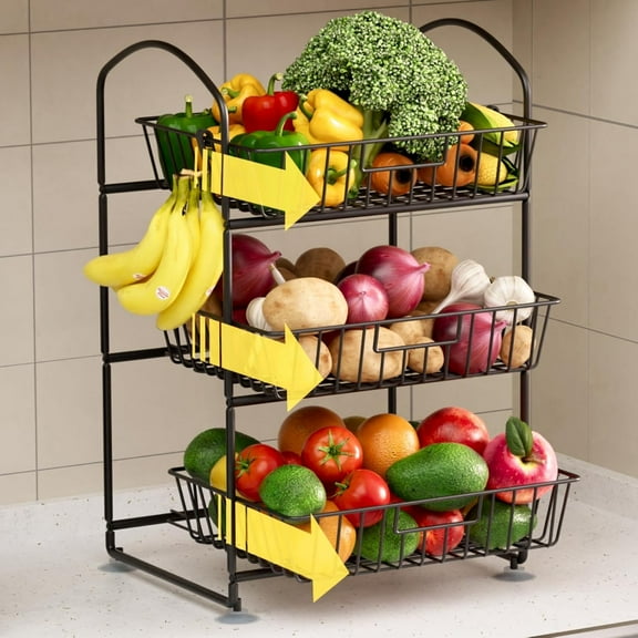 3 Tier Fruit Basket with 2 Banana Hangers, Detachable Countertop Fruit Vegetable Basket Bowl for Kitchen Counter Metal Mesh Basket Fruits Stand for Storage Potato Onion Bread Snack Veggie