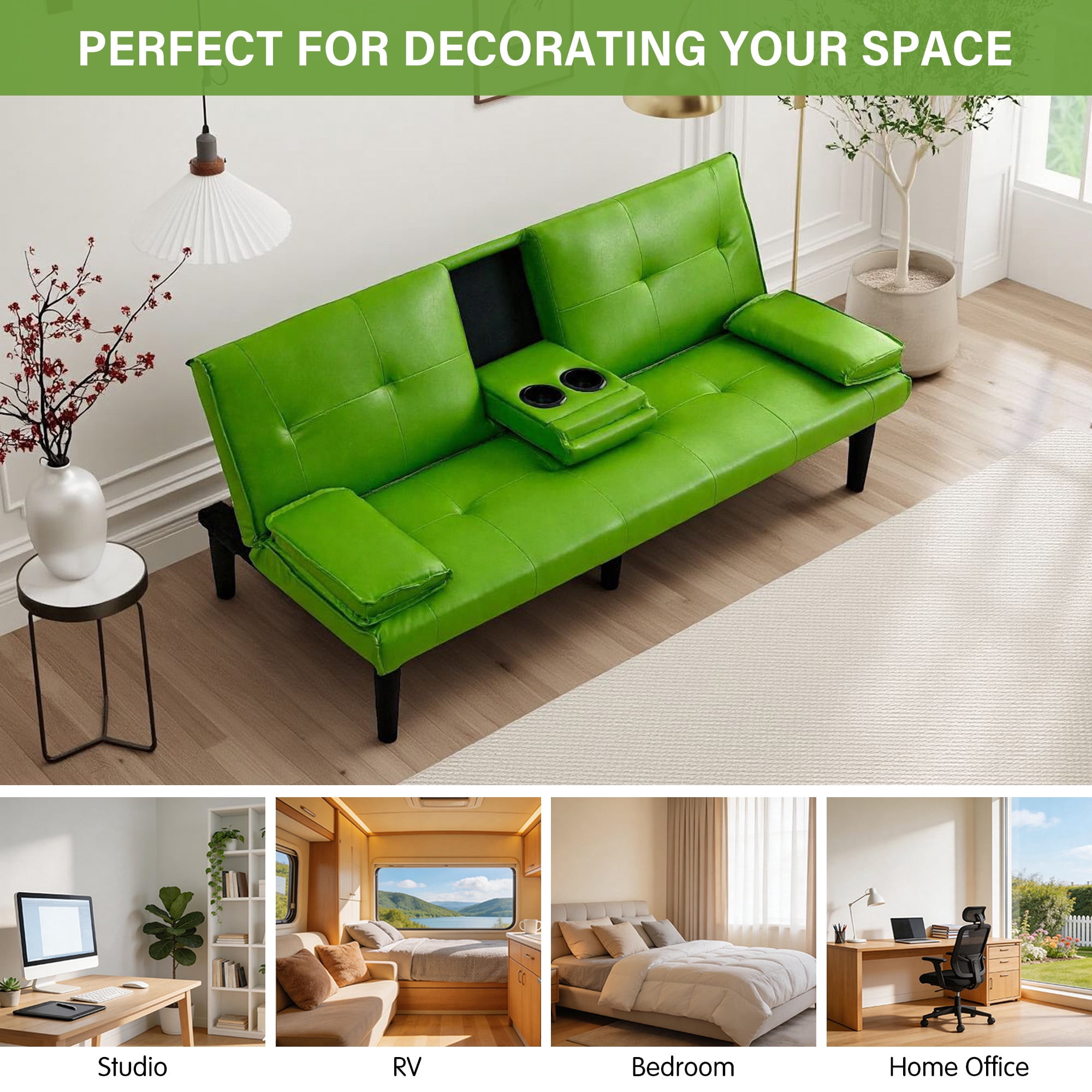CARZZI LIFE Futon Sofa Bed PU Leather Modern Convertible Futon Couch with Removable Armrests, Cup Holders, Loveseat Sleeper Sofa Bed for Living Room, Apartment, Small Spaces (Green)