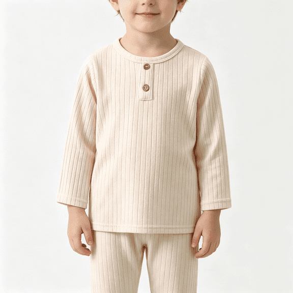 BCSIOAOI Girls 2 Piece Outfit,Ribbed Henley Neck Long Sleeve Top and Elastic Waist Pants Set Beige 3-4t