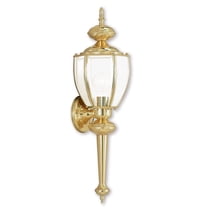 7 inch 1 Light Polished Brass Outdoor Wall Lantern Pendant Lighting Fixture with Clear Beveled Glass Shade backed with Solid Brass material for patio, front porch, entryway and more