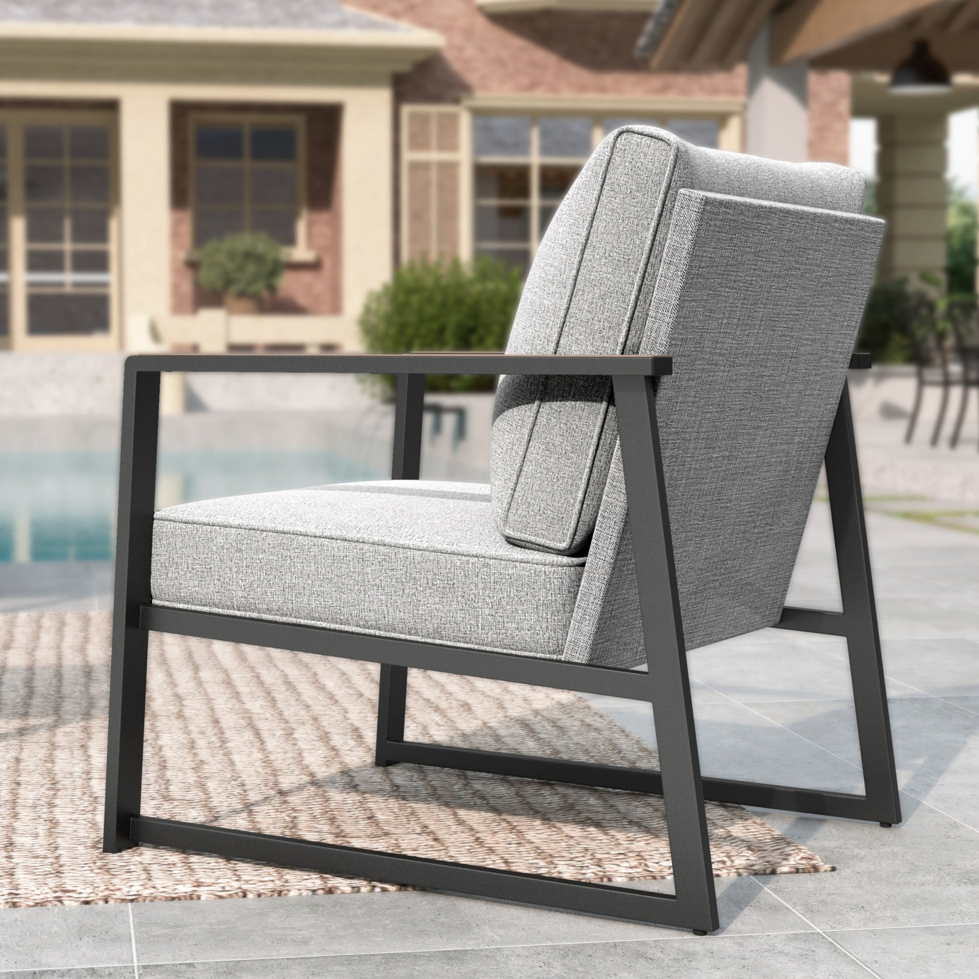 MF Studio 4-Piece Modern Outdoor Patio Furniture Set with All-Weather Cotton-Filled Sling Fabric Sofa Back, Wood-Grain Outdoor Patio Conversation Set with U-Shape Coffee Table, Gray