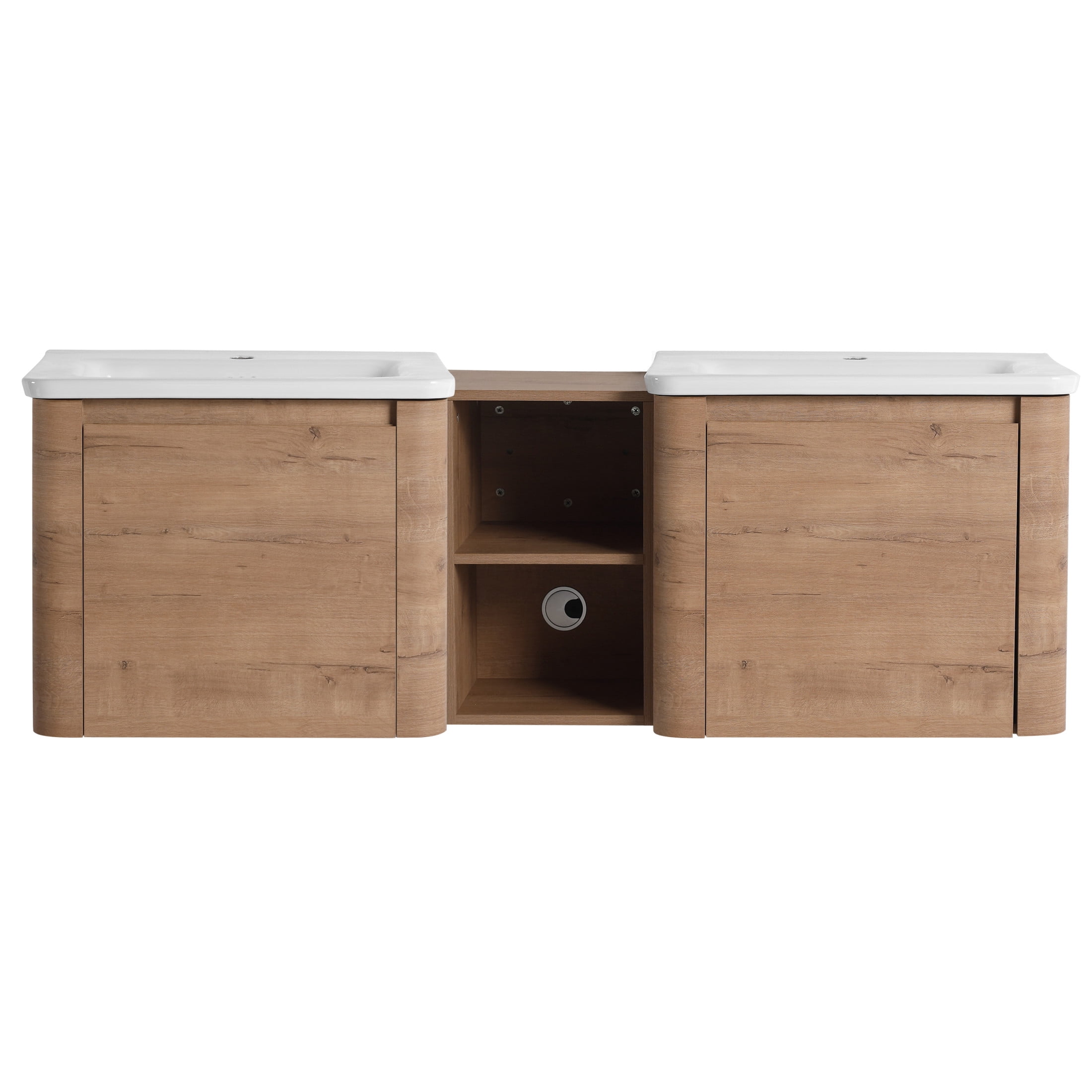 Noble House 60" Floating Bathroom Vanity, White Ceramic Sink, Soft-Close Door, Rounded Corners, Shelves, Imitative Oak