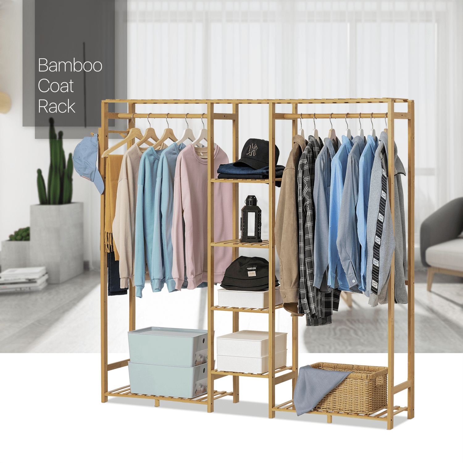 MoNiBloom 6 Tiers Coat Pants Rack Closet Wardrobe with Hanging Rod, Bamboo  Clothing Stand, for Living Room