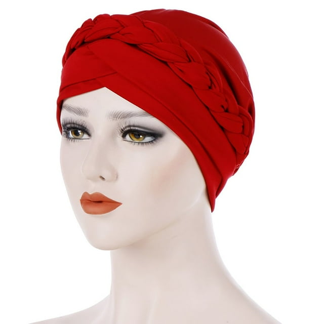 YOPTOP Turban Chapeau Mode Femmes Couleur Unie Tressé Hijab Musulman Turban Bandeau Chapeau Bonnet de Chimiothérapie, Rouge